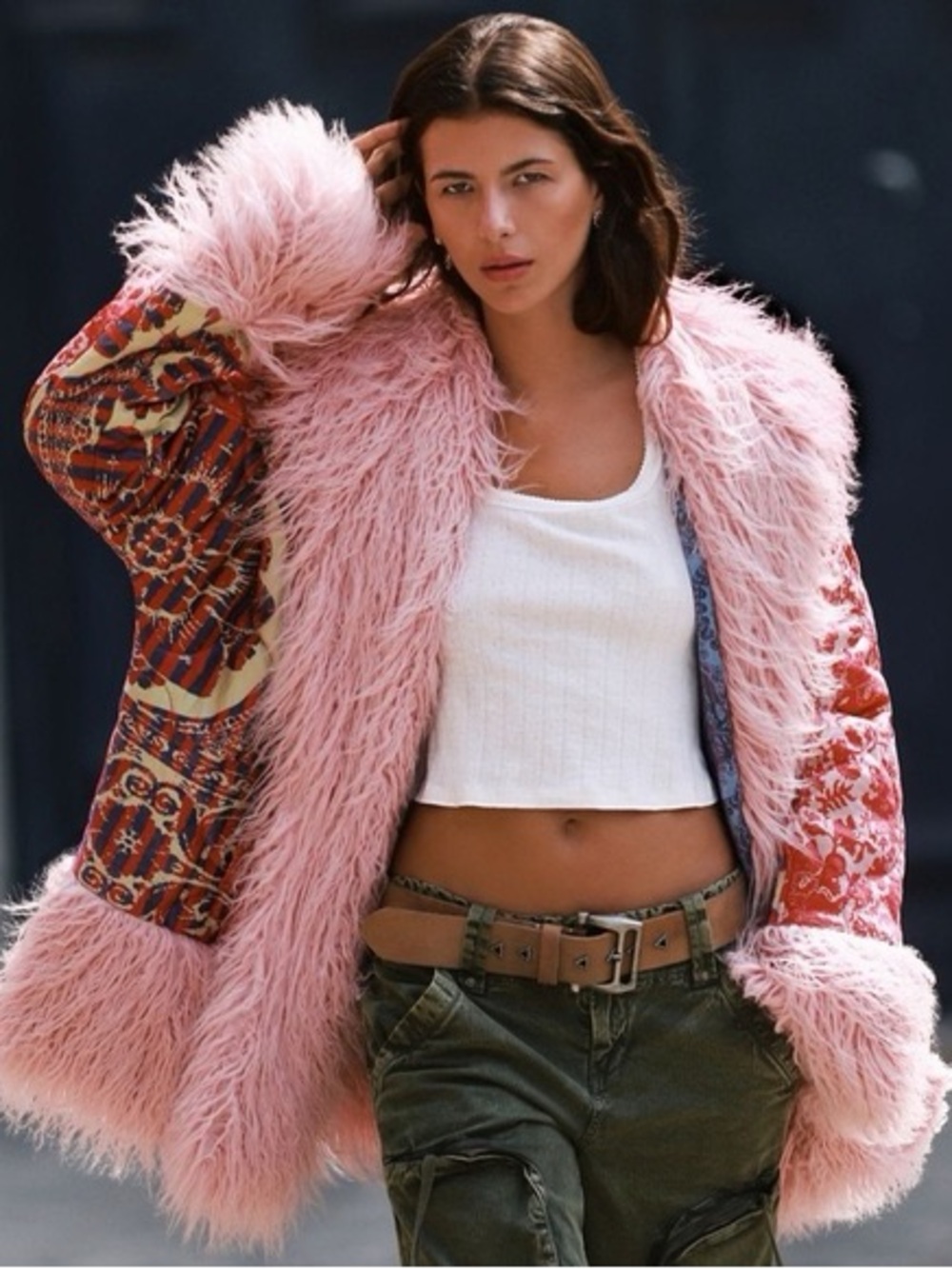 Free People Bali Tivoli Puffer Jacket Pink Faux Fur Printed Boho Coat, M